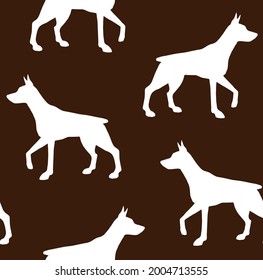 Vector seamless pattern of white hand drawn doberman dog silhouette isolated on black background