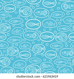 Vector seamless pattern with white hand drawn funny fishes in sketch style. Blue decorative endless underwater marine background. Fabric design. Eps-8