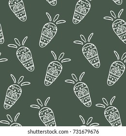 Vector seamless pattern  with white hand drawn carrots on dark green background. Can be used for print on clothes, package, banner, wrapping paper, decoration. Design elements for vegan menu. EPS10.