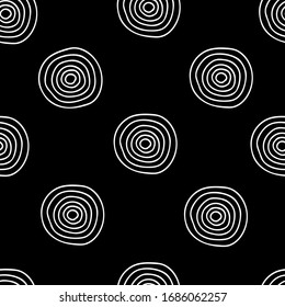 Vector seamless pattern of white hand-drawn circles isolated on a black background