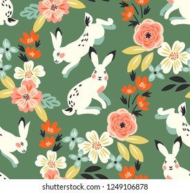 Vector seamless pattern with white hares in beautiful flowers in vintage style for fabric
