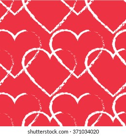 Vector seamless pattern with white heart outlines on bright red background. Seamless romantic background for Valentine's Day. Hearts wallpaper. February 14 seamless background.