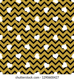 Vector seamless pattern with white hearts and black zigzag lines on golden background. Perfect for wrapping paper or fabric.