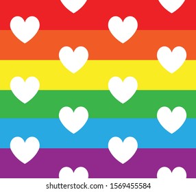 Vector seamless pattern of white hearts isolated on lgbt rainbow flag background