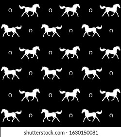 Vector seamless pattern of white horse and horseshoe silhouette isolated on black background