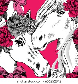 Vector seamless pattern with white horses. Horses with wreath and bow.