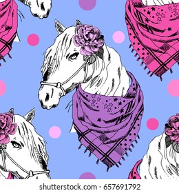 Vector seamless pattern with white horses.