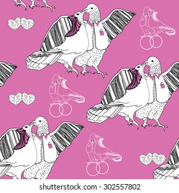 Vector seamless pattern of white kissing doves on pink background with hearts. Hand draw texture