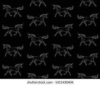 Vector seamless pattern of white line hand drawn doodle sketch unicorn isolated on black  background 
