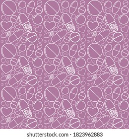 Vector seamless pattern, white linear pills. Medical concept on pink background