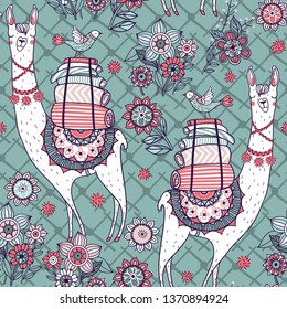 vector seamless pattern with white llamas and colored blooms 