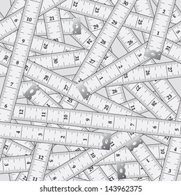 Vector seamless pattern with white measuring tapes. Units - Inches.