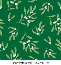 Vector seamless pattern with white mistletoe on green background; natural design for fabric, wallpaper, textile, packaging, web design.