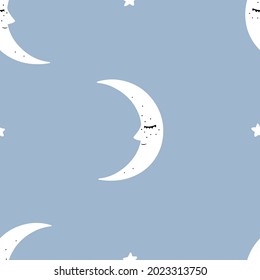 Vector seamless pattern with white Moon with closed eyes in vintage style