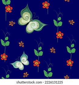 Vector seamless pattern with white moths and red flowers on a dark blue background for the design of wallpaper, wrapping paper, fabric