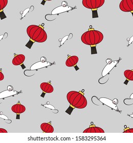 vector seamless pattern, white mouse, chinese red lantern, oriental new year 