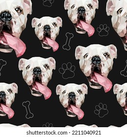 Vector seamless pattern of white muzzle face dog with tongue. Polygonal low poly style graphic. Many dog's muzzles with line bones and paws on black dark background. Print, card, banner. 