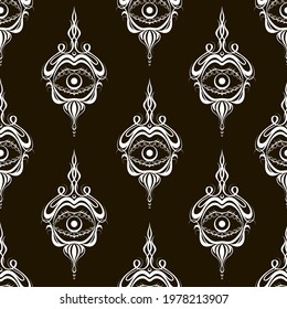 Vector seamless pattern: white on black mystic ornament with eyes and decorative curved lines. Design for textile, wallpaper, wrapping paper. Dark chalk style, witchcraft, occultism.