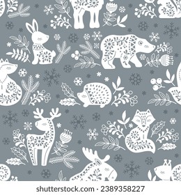 Vector seamless pattern. White ornate silhouettes of forest animals deer, bear, elk, fox, hare, squirrel, hedgehog among flowers on a gray background