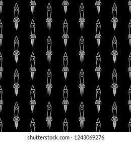 Vector  seamless pattern of white outline rocket on black background. Vector rocket launch symbol. 