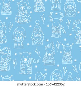 Vector seamless pattern of white outline hand drawn cute winter animals in Scandinavian style on blue background, cover design, packaging paper, textile print