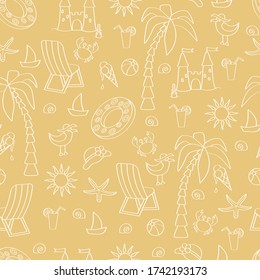 Vector seamless pattern: white outline of summer objects on a sandy background, rest and vacation at sea, for packaging design, covers, wallpaper, print on textiles