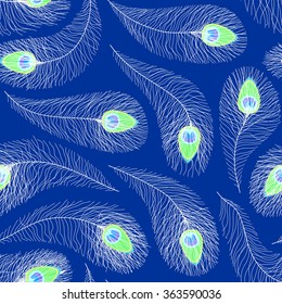 Vector seamless pattern of white peacock feathers on dark-blue background