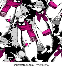 Vector seamless pattern with white penguin. Rendezvous. Hand drawn illustration. 