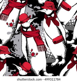 Vector seamless pattern with white penguin in a red hats and scarfs. Rendezvous. Hand drawn illustration of dressed penguins.