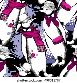 Vector seamless pattern with white penguin. Rendezvous. Hand drawn illustration of dressed penguins.