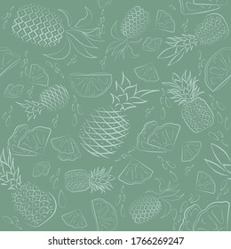 Vector seamless pattern with white pineapples on a green background. Can be used for textile, greeting business card background, phone case print