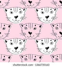 Vector seamless pattern with white and pink cats . Hand drawn illustration of kitten.