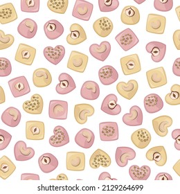 Vector seamless pattern with white and pink chocolate candies of various shapes with nuts.
