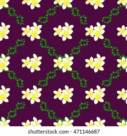 Vector seamless pattern of white plumeria with ivy on purple background. Hand drawn. Seamless floral background.