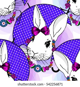 Vector seamless pattern with white rabbit and umbrella 1