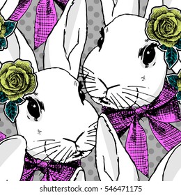 Vector seamless pattern with white rabbit, bow and rose