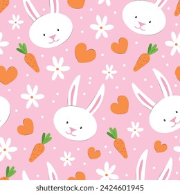 Vector seamless pattern with white rabbits, carrots and flowers on pink background. Cute Easter background for textile, covers, gifts.