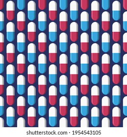 Vector seamless pattern with white, red and blue pills, tablets, isolated on dark blue background. Capsules. Medical preparations. Flat design. Color illustration.