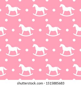 Vector Seamless Pattern Of White Rocking Horse Silhouette Isolated On Pink Background