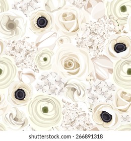 Vector seamless pattern with white roses, lisianthuses, ranunculus, anemones, tulips, lilac, lily of the valley and hydrangea flowers.