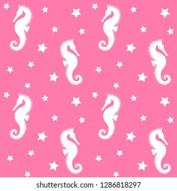 Vector seamless pattern of white seahorse sea horse silhouette with stars isolated on pink  background 