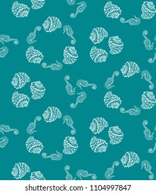 Vector seamless pattern from white seashell and seahorse on aquamarine background. Sketch sea shell and seahorse background