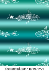 Vector seamless pattern of white shark silhouette swimming on gradient marine background. Doodle hand drawn shark top view