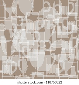 Vector seamless pattern. White silhouette of beer bottle and glass on brown background.