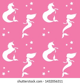 Vector seamless pattern of white silhouette of hippocampus and mermaid isolated on pastel pink background 