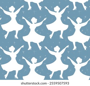 Vector seamless pattern with white silhouette of dancing women in dress on blue background. Festive texture with dancer.  Holiday wallpaper