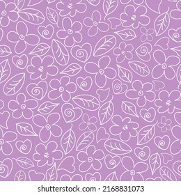 Vector seamless pattern with white silhouettes of flowers, leaves and hearts on a lilac background. Doodle style. For printing,packaging,textiles,wallpaper,children's design,banner,scrapbooking,covers