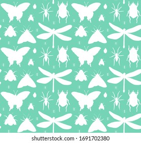 Vector seamless pattern of white sketch different insects silhouette isolated on mint background