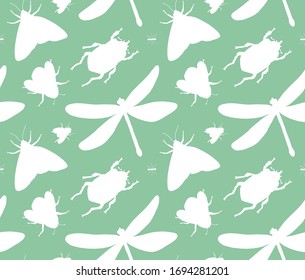 Vector seamless pattern of white sketch insects silhouette isolated on mint green background