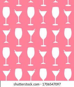 Vector seamless pattern of white sketch martini and wine glass silhouette isolated on pink background